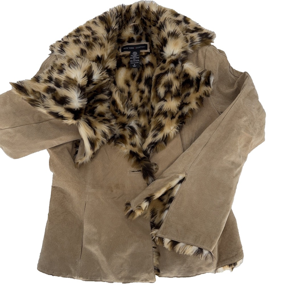 VTG NY&Co Tan Suede Leather Jacket Leopard Faux Fur Trim Penny Lane Boho Y2K Sm